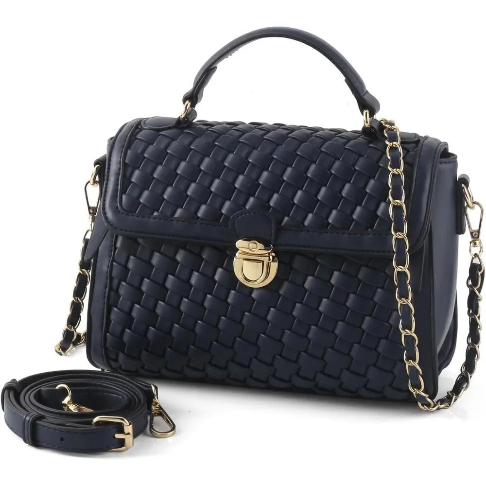 Woven Leather Crossbody Bag Women Handwoven Shoulder Purse Vegan Leather